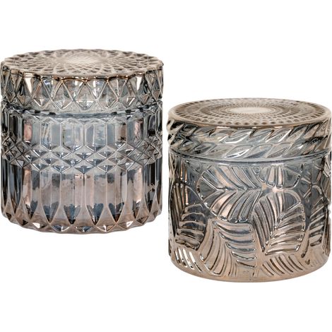 Set di 2 vasetti decorativi in vetro fumé con coperchio e motivi in rilievo ø9x8,5 cm