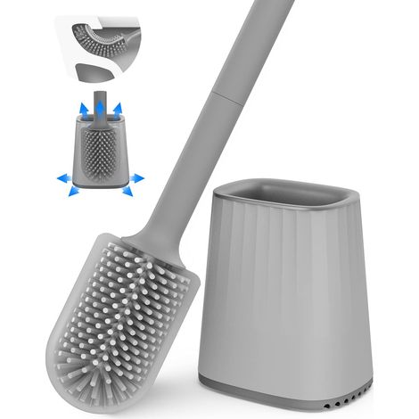 Brosse WC - Tete Double Face En Silicone TPR - Support Mural Et Au Sol - Manche Long - Ensemble Complet (1/5)