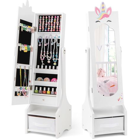 COSTWAY Armoire à Bijoux Enfant avec Miroir & Bac en Tissu, Organisateur à Bijoux en Motif Licorne avec 2 Angles d'Inclinaison, Dispositif Anti-basculement, Miroir sur Pied pour 3 Ans+ (Blanc) (1/5)