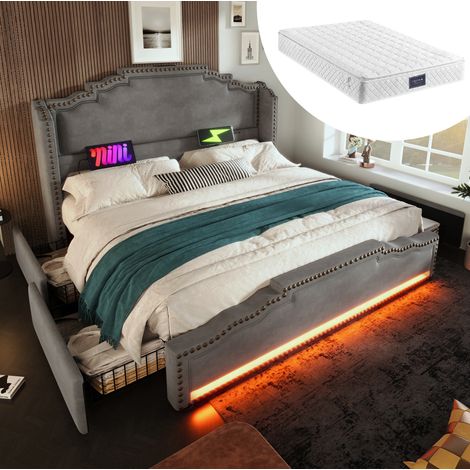 Cama doble vintage 140x200 cm de terciopelo gris con cabecero, 4 cajones, LED, USB-C, somier de láminas y colchón (1/5)