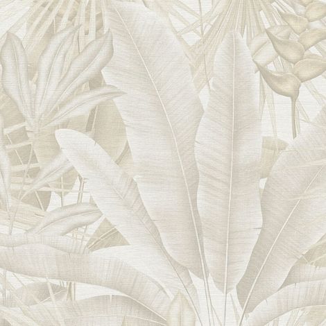 Carta da parati natura Profhome 396474 Carta da parati TNT goffrata a caldo leggermente strutturata con design giungla opaca beige bianco-crema grigio bianco 5,33 m2