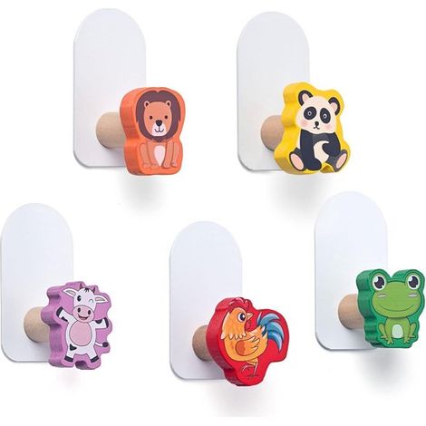 Ganchos para ropa infantil，5 piezas，animales divertidos，de madera，no requiere taladrar，para la habitación de los niños (1/5)