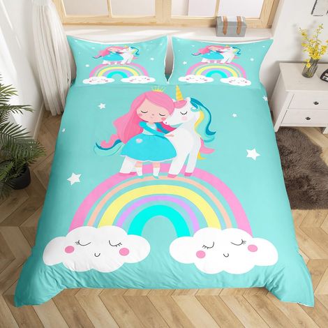Parure de lit avec housse de couette 135 x 200 cm, motif licorne, nuages, arc-en-ciel, pour enfants et adolescentes, motif de licorne, cheval, étoiles, décoration de chambre (1/5)