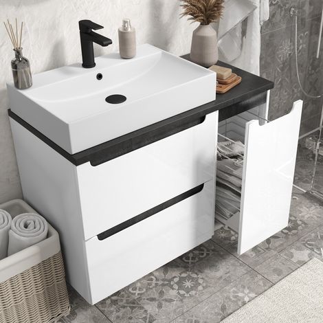 Waschtisch Set mit 60cm Keramik-Waschbecken und Wäscheauszug SOFIA-107 Hochglanz weiß mit Beton-Dunkel, B/H/T ca. 90/76,5/46 cm (1/5)