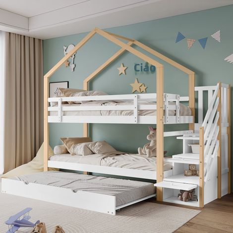 Letto a castello bianco 90x200 cm con scala, 3 cassetti, rete a doghe e barriere di sicurezza per bambini (1/5)