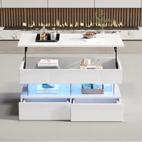 Mesa de centro elevable 100 x 50 x 46 cm con almacenamiento oculto, 2 cajones, LED y blanco HAVRYA (1/5)