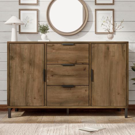 Sideboard aus Spanplatte in dunkler Eiche mit Metallgestell, 120 x 40 x 76 cm, 2 Türen, 3 Schubladen und verstellbaren Fachböden