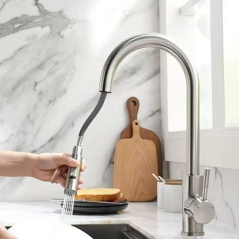 Robinet de cuisine à deux fonctions avec mitigeur extractible à poignée unique et robinet d'eau chaude et froide, montage sur plage (1/5)