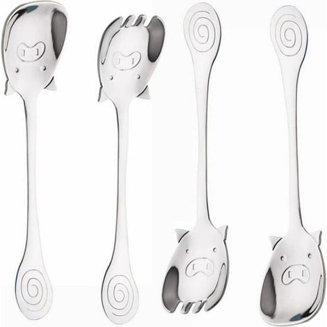 Juego de cuatro cucharas de acero inoxidable de doble cara con forma de cerdito para café y servicio de mesa, regalo creativo - Crezuo