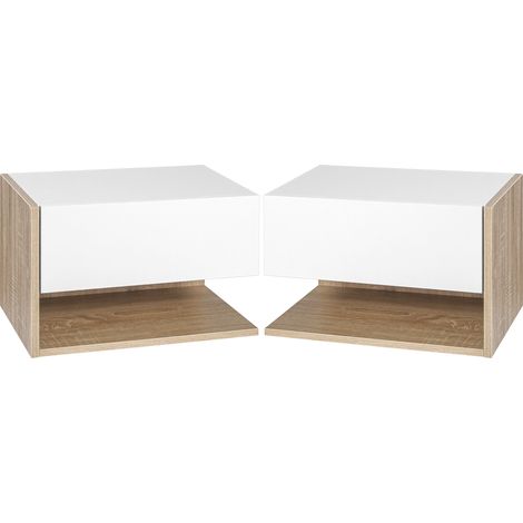 Beyamis Set aus 2 wandmontierten Nachttischen – 2er-Set Nachttische – Schublade, Ablage, zweifarbige Eiche-Weiß-Optik