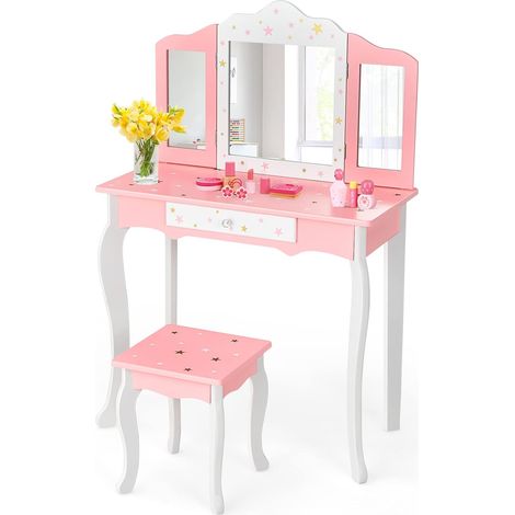 GOPLUS Coiffeuse Enfant Fille avec Miroir a 3 Volets Amovible et Tiroir, Table de Maquillage avec Tabouret, Ensemble Coiffeuse avec Coins Arrondis, Ideal pour Chambre des Enfants (Rose) (1/5)