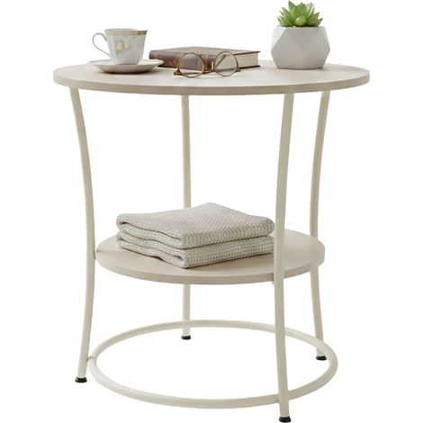 Relaxdays Beistelltisch, 2 Ablagen, HxD: 55 x 55 cm, Holzoptik & Metall, Sofatisch, runder Couchtisch, natur/creme