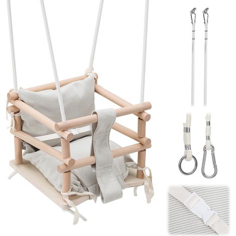 TolleTour Balançoire enfant avec assise bois, coussin beige doux et cordes réglables en hauteur