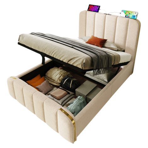 Lit simple rembourré,tête de lit rembourrée avec rayures décoratives dorées et fonction de charge USB Type-C 90200 cm,lit de rangement hydraulique en lin beige (avec matelas) (1/5)