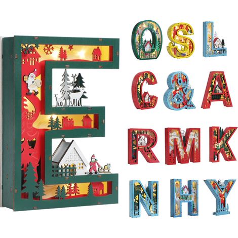 (Benötigt 2 AA-Batterien) Holzornament mit beleuchtetem englischen Buchstaben, weihnachtlicher Stil, personalisierte Heimdekoration, handgefertigte Lampe (E) (1/2)