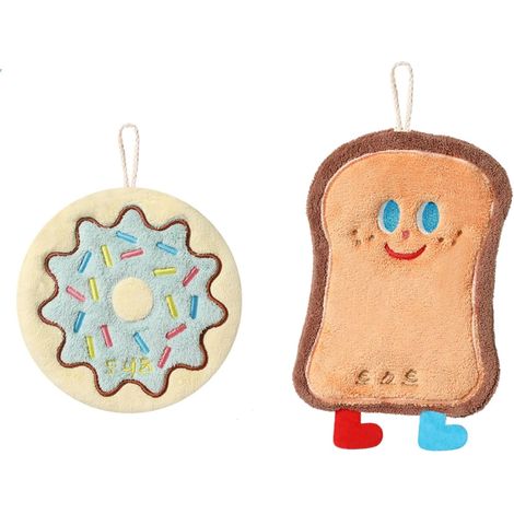 Korallenfleece-Handtuch mit Aufhängeschlaufe, doppellagiges, schnell saugfähiges Mini-Handtuch, geeignet für Küche und Bad, niedliches Stickmuster (Toast, Donut), 22 x 17 cm