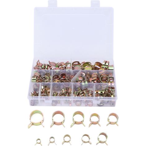 Lot de 100 pinces à ressort assorties pour tuyaux d'air, d'eau, carburant et ligne auto. (1/5)