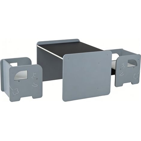 Table pour enfants avec chaises éléphant, set 3 pièces avec tableau noir et 2 tabourets, design modulaire et Montessori, capacité de charge 30 kg + 50 kg - gris