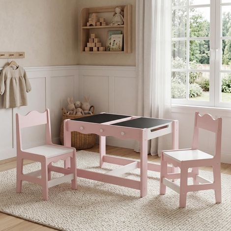 Wahson 3-in-1 Kids Table and 2 Chairs Set, Reversible Double-Sided Tabletop with Chalkboard, Large Hidden Storage, Side Hooks and Rounded Corners, Drawing and Learning Activity Table, Pink (1/5)