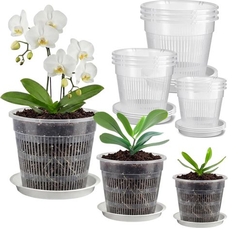 Lot de 5 Pot Transparent Orchidée, Pot pour Orchidées Respirant, 11/14/16cm Transparent Plante avec Trous de Drainage et Soucoupes pour Culture d'Orchidées en Intérieur et Extérieur (1/5)