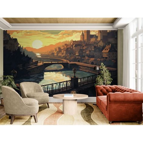 Papier peint Ville – Coucher de soleil sur pont ancien - 150 x 250 cm (1/2)