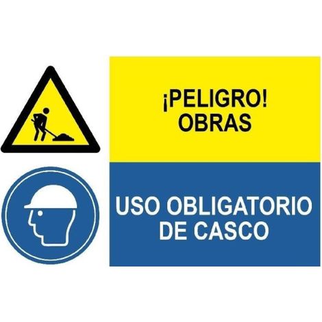 Señal combinada Peligro obras Uso obligatorio de casco (texto y pictograma) SEKURECO Adhesivo vinilo