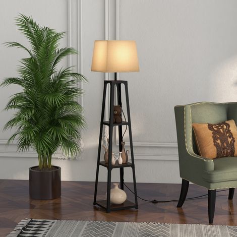 Lampe de Sol en Métal et MDF à 3 Étagères avec Abat-jour en Tissu, Ø42x166 cm, Noir et Beige (1/4)