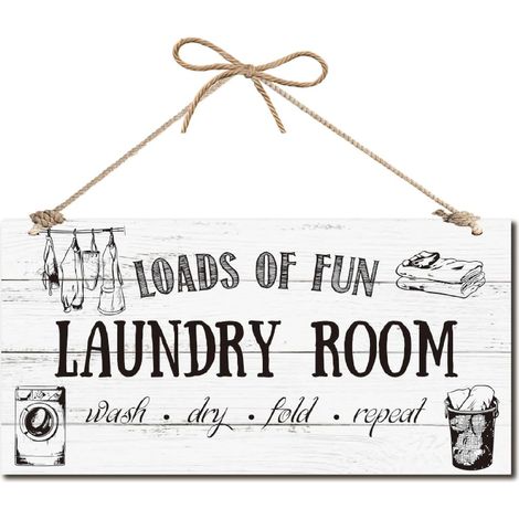 Panneau Mural Bois Rustique Blanc pour Buanderie Panneau Suspendu pour Buanderie Décoration Personnalisée Bois avec Ficelle Jute pour Porte D'Entrée Décoration Maison Salle Bain 30x15cm (1/5)