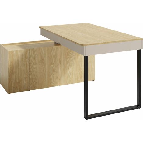 Mesa de ordenador esquinera Fiosono 110, Beige + Roble claro, Con cajones, Rectangular, Con puertas, Número de puertas: 0, Número de cajones: 0, 75x140x131cm