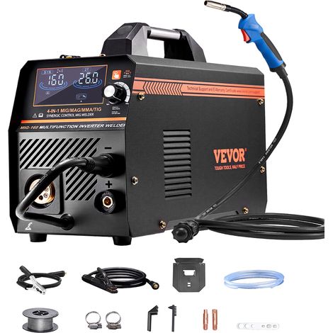 VEVOR Macchina Saldatrice MIG Corrente Uscita 160 A, Saldatrice MIG Sinergica Multiprocesso Portatile Saldatrice MIG Senza Gas Gas MMA Lift TIG 4 in 1 con Tecnologia Inverter IGBT, Schermo LCD