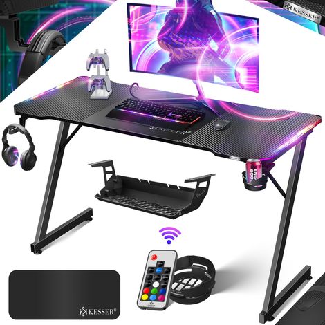 KESSER® Ultimate Gaming Desk Scrivania da gioco con telaio a Z e portabicchieri Gancio per cuffie Scrivania per computer Scrivania per PC Scrivania ergonomica per giocatori 140 x 60 cm Carbonio n