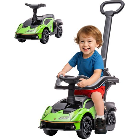 Voiture enfant 2-en-1 barre appui et sécurité, 86,5 x40x89, 5 cm, pour 3-6 ans, verte noire, volant klaxon, PP et métal