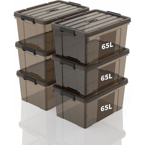 Caisses de rangement et Boîtes de rangement en plastique avec couvercle et poignée 65L, conteneur empilable pour maison, bureau et garage, bac transparent marron portable, 65L lot de 6 (1/5)