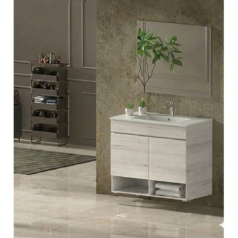 Badmöbel Set NEBARI Vormontiert 2 türen, Waschbecken und Spiegel Weiß Nordik 70x45 cm