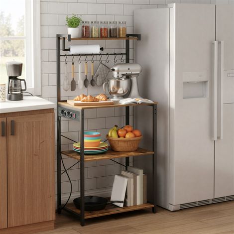 Meuble de Rangement de Cuisine, Étagère Réglable avec Multiprise et Crochets, pour Micro-ondes, 4 Niveaux, Marron et Noir (1/5)