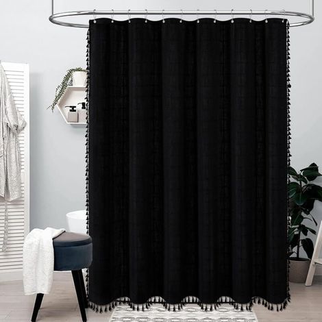Böhmischer Duschvorhang mit Quaste, Leinenstoff, Badezimmerdekor, 92 x 183 cm (schwarz) (1/4)