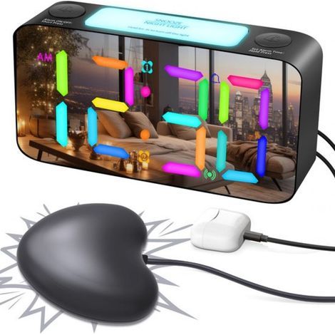 Réveil Digital Avec Affichage RGB - Écran LED 7 Pouces - Câble Vibrant 180 cm - Sonore 115 dB - 3 Modes Alarme - Alimentation Secteur - Noir (1/5)