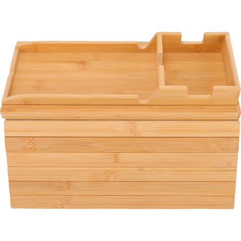 Plateau d'accoudoir de canapé en bois avec porte-gobelet amovible, antidérapant et pliable, pour boissons et collations, couleur bois naturel. (1/5)