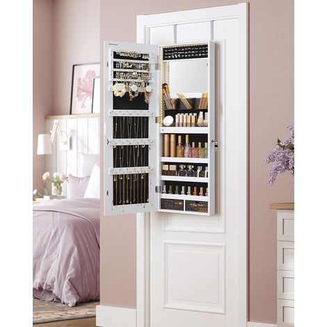 Songmics – Armoire à bijoux murale avec miroir sans cadre et lumières LED – 26 crochets, 72 places pour boucles d'oreilles – Verrouillable, 37,5 x 9,7 x 108 cm – JJC013W01
