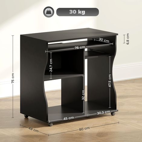 Bureau PC mobile sur roulettes avec plateau clavier et espace de rangement, table informatique noire, dimensions 80x48x75 cm, poste de travail compact (1/5)