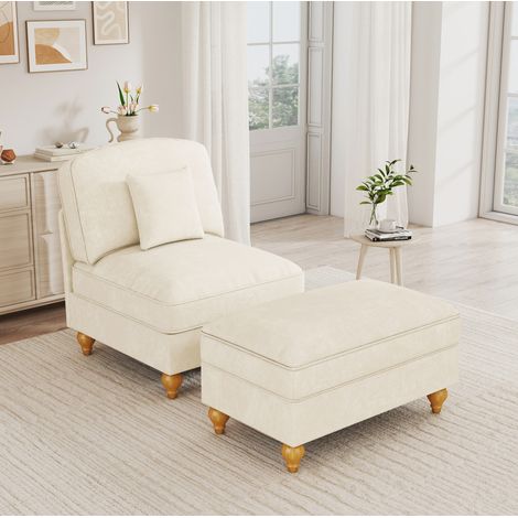 Sillón de chenilla blanco con otomana, falda de volantes desmontable y patas spindle (1/5)