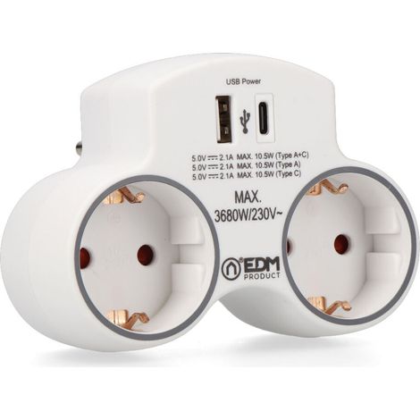 Adapter mit 2 Steckdosen 2p+t Schuko und 2 USB-Ports (a+c), Weiß