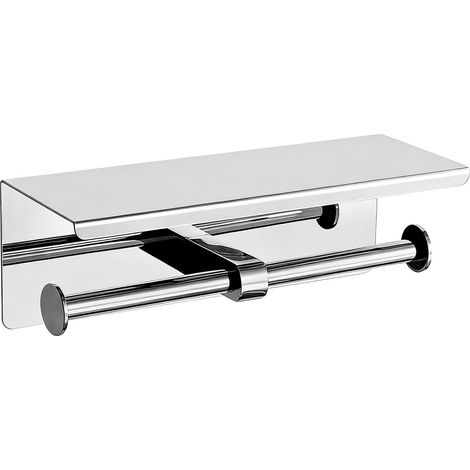 Porte Papier Toilette Double avec Etagere, Derouleur Acier INOX  Support Papier Toilette Auto-Adhesif ou avec Vis, Porte Rouleau WC pour Salle de Bain, Fixation Murale sans Percage, Argent (1/5)