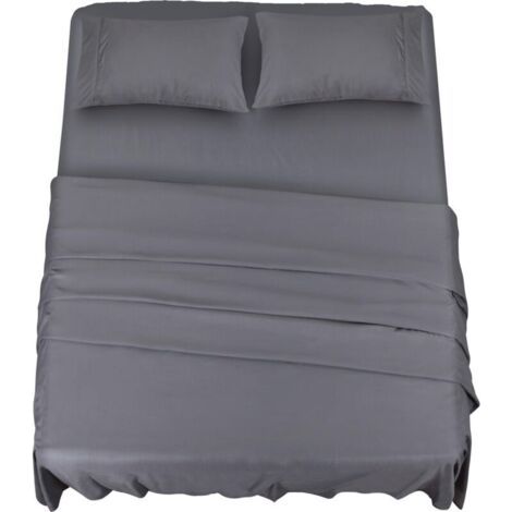 Polyester Microfibre Ensemble de Draps (4 pièces, Gris) - 1 Drap Housse 150x200cm, 1 Drap Plat 228x259cm et 2 Taies d'oreiller 50x75cm (1/5)