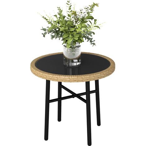 Mesa de centro redonda para jardín. Mesa auxiliar de exterior en resina tejida con tablero de vidrio templado. 46x46x43cm. Natural (1/5)