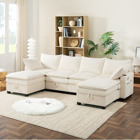 Sofá modular en L 280x152x83 cm de pana beige con almacenaje para espacios pequeños – MEUBLIV (1/5)