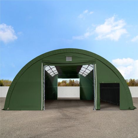 Extra stabile Rundbogenhalle 9,15m x 12m x 4,5m - Beinabstand 1m - Belastbarkeit  100 kg - PRIMEtex 2300 PVC Plane, mit Oberlichtern, dunkelgrün (1/5)