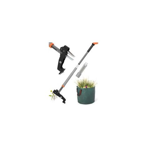 Extensible Désherbeur Manuel (Longueur 91-117 cm), Sac de Jardin de 50 L, 4 Dents de Râteau, Système de Retour Automatique, pour l'Entretien des Pelouses