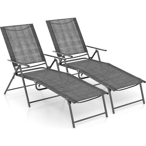 Lot de 2 chaises longues pliantes grises en métal avec dossier 6 positions et repose-pieds réglable pour jardin, piscine et balcon (1/5)