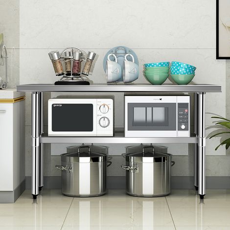 Table de Travail Cuisine en Acier Inoxydable Plan de Travail Cuisine à 2 Niveaux Étagère Inférieur Réglable 122 x 61 x 90cm Argent (1/2)